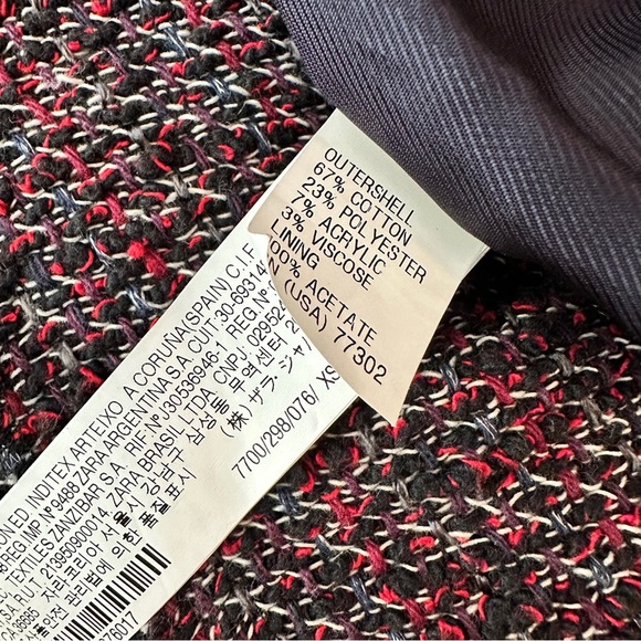 Zara Basic Tweed Longline Coat Jacket XS Black Red Fringe Bouclé - Picture 15 of 16